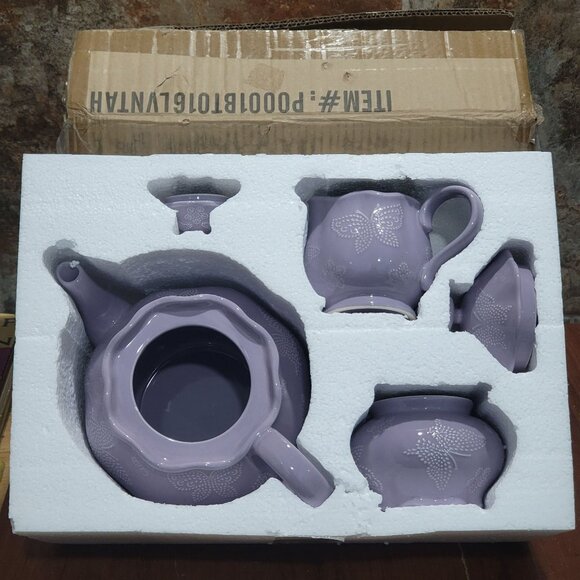 Temptations Lavendar Lilac Tea Set Teapot Sugar Bowl Creamer Embossed Butterfly - Picture 2 of 15